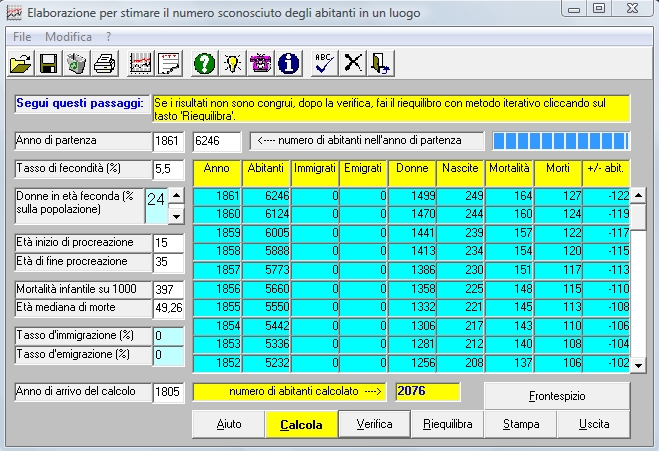 finestra con i dati e i risultati del calcolo